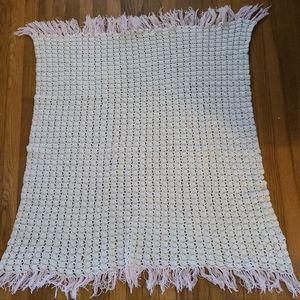 Handmade Homemade Crocheted White / Pink Baby Stroller Blanket